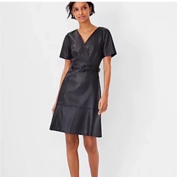 Ann Taylor Petite Faux Leather Belted Flare Dress Size 6 Black Women's